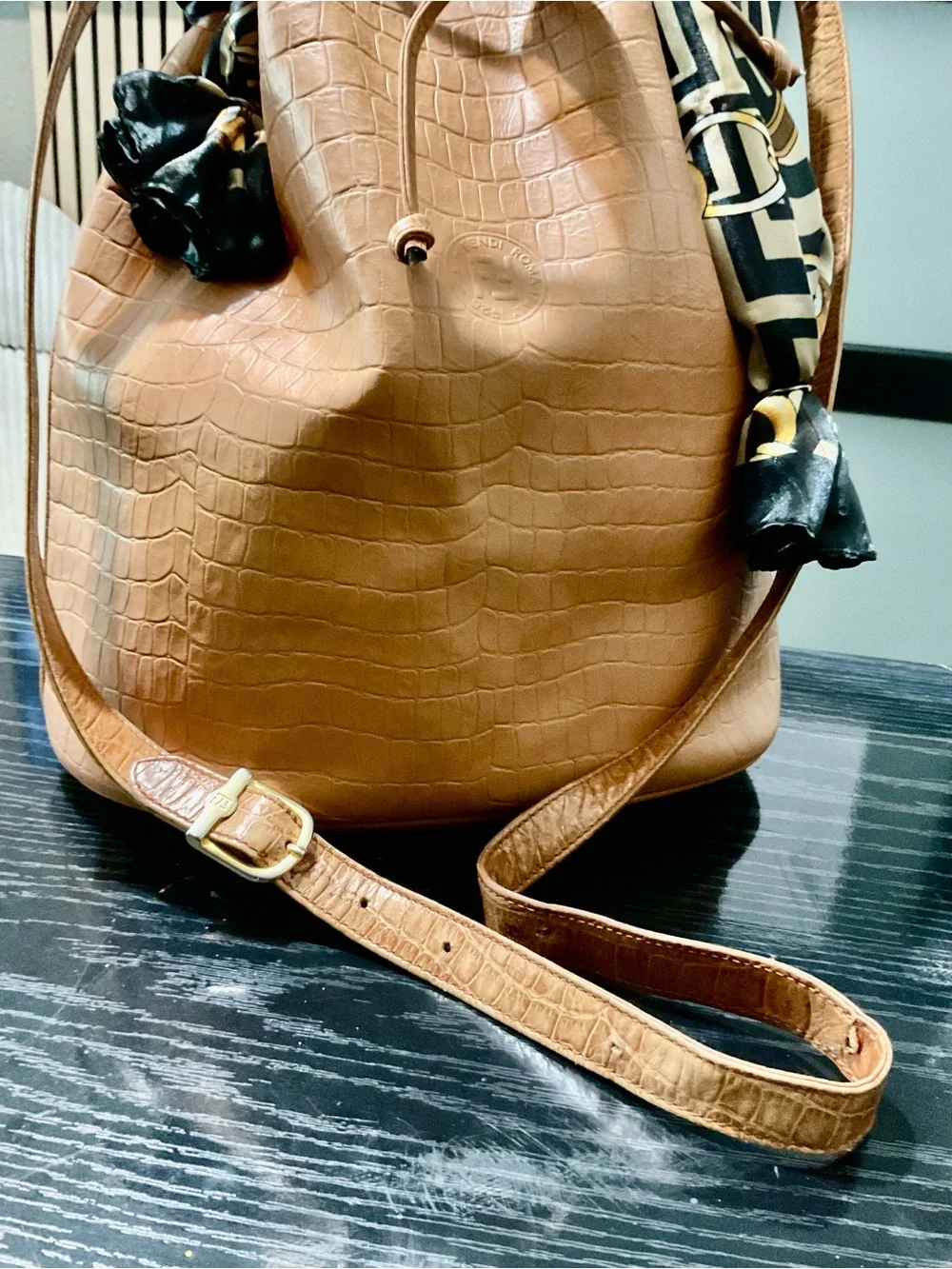Fendi Tan Croc-Embossed Shoulder Bag